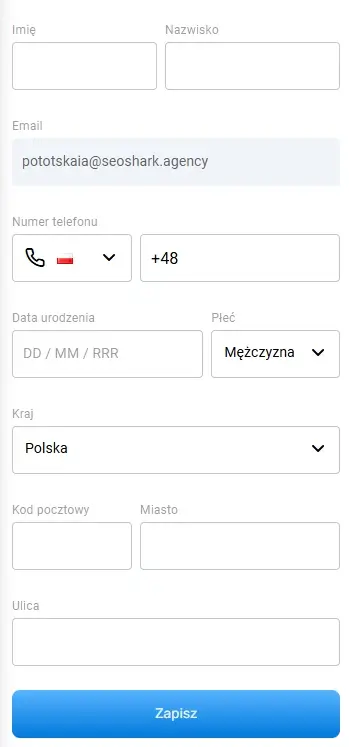 formularz rejestracyjny drugi krok Casino Magic365